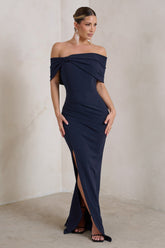 Navy Bardot Bow Detail Maxi Dress With Thigh Split